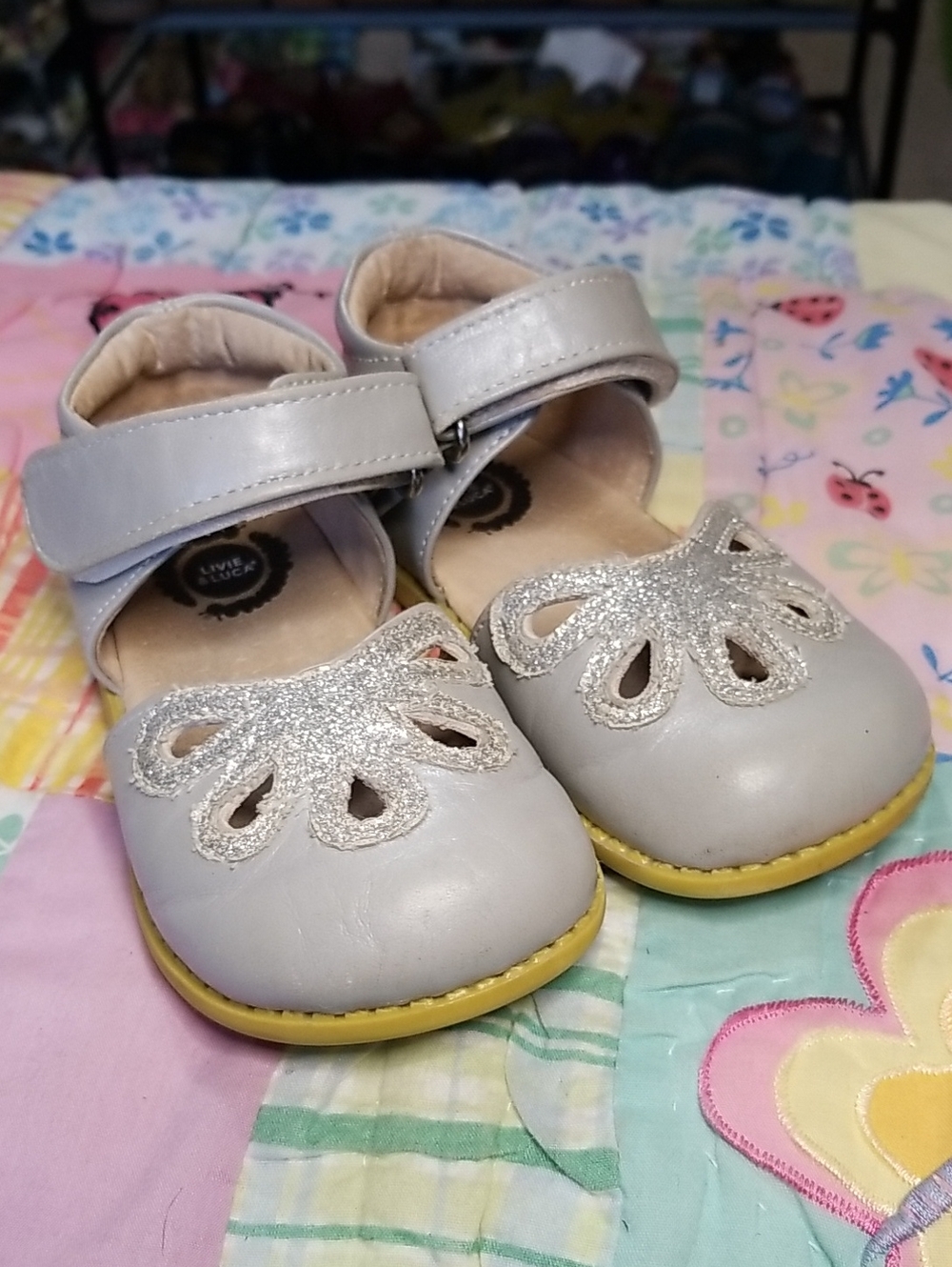 Livie & Luca Silver Leather Mary Jane Shoes with Silver Glitter Petals Size 8